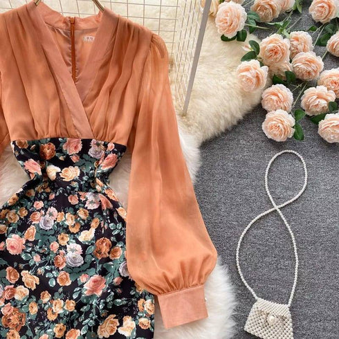 Floral V-Neck Patchwork Empire Dress